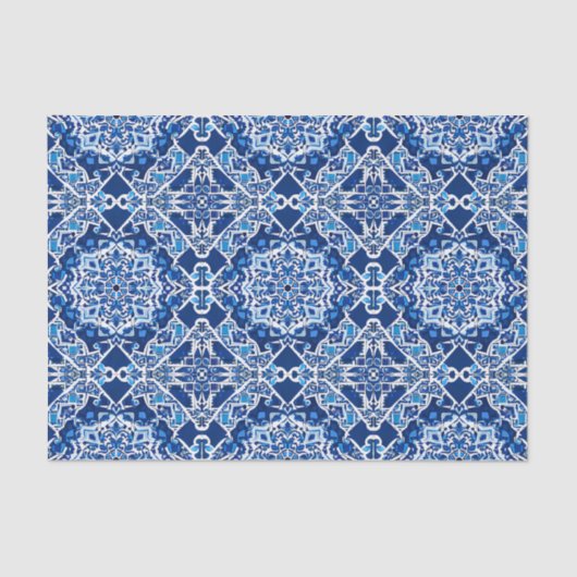 Mozaïek Patroon in Indigo en Kobalt Blauw Tissuepapier (Voorkant)