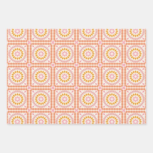  Mozaïek Quilt Tegels Patroon in Roze Sinaasappel Inpakpapier Vel (Voorkant)