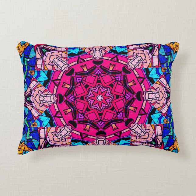 Mozaïek Roze Mandala Bloemen Psychedelische Retro Accent Kussen (Voorkant)