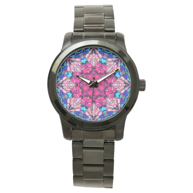 Mozaïek Roze Mandala Bloemen Psychedelische Retro Horloge (Voorkant)