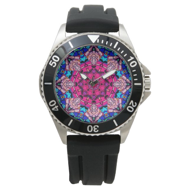 Mozaïek Roze Mandala Bloemen Psychedelische Retro Horloge (Voorkant)
