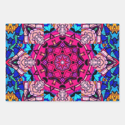 Mozaïek Roze Mandala Bloemen Psychedelische Retro Inpakpapier Vel (Voorkant 3)