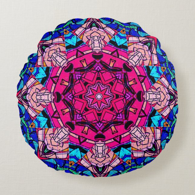 Mozaïek Roze Mandala Bloemen Psychedelische Retro Rond Kussen (Voorkant)