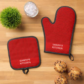 Mozaïek Solid Red Textured Pattern Ovenwant & Pannenlap Set (Top down)