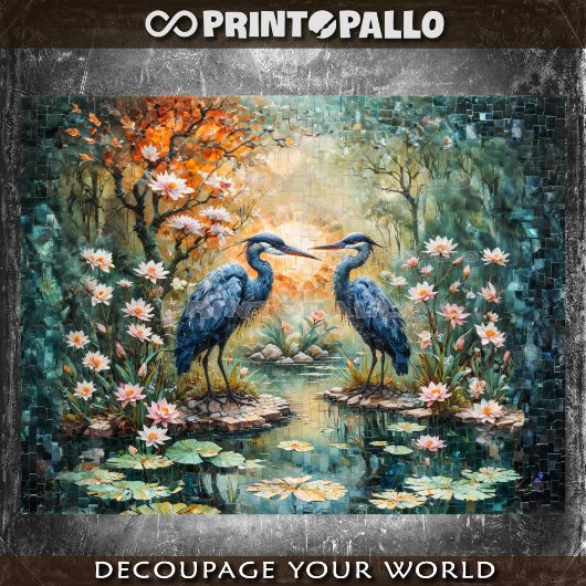 Mozaïek stijl afbeelding van 2 blauwe reigers in h tissuepapier