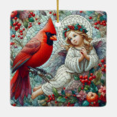 Mozaïek Stijl Kerst Engel en Kardinaal Keramisch Ornament (Achterkant)