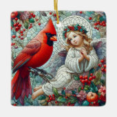 Mozaïek Stijl Kerst Engel en Kardinaal Keramisch Ornament (Voorkant)