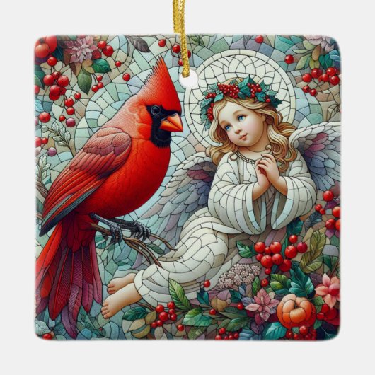 Mozaïek Stijl Kerst Engel en Kardinaal Keramisch Ornament (Voorkant)