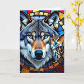 Mozaïek stijl uil en wolf | Gelukkige verjaardag Kaart (Gele Bloem)