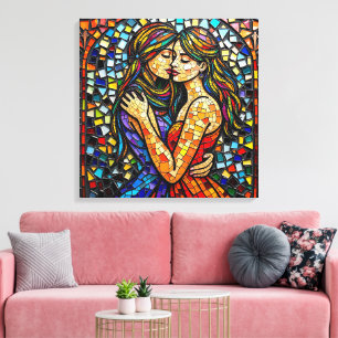 Mozaïek Tegel Style AI Art Romantische Omarm Canvas Afdruk