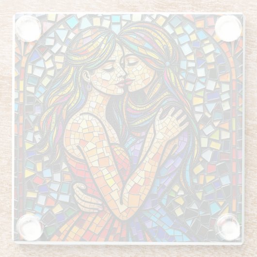 Mozaïek Tegel Style AI Art Romantische Omarm Glazen Onderzetter (Achterkant)