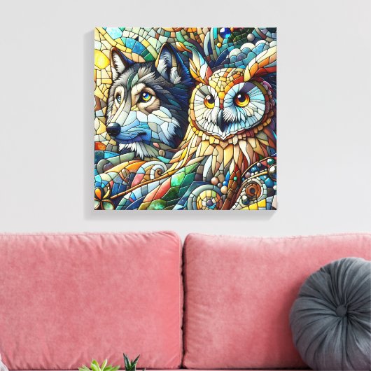 Mozaïek Tegel Wolf en Uil Canvas Afdruk (Insitu (Woonkamer))