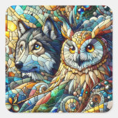 Mozaïek Tegel Wolf en Uil Vierkante Sticker (Voorkant)