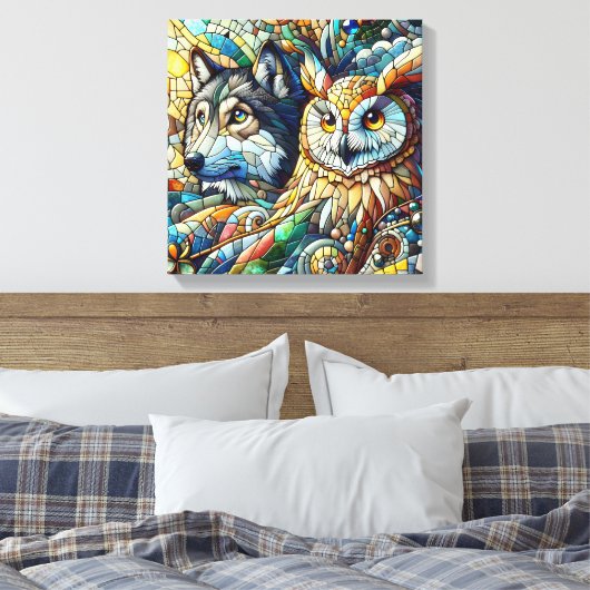 Mozaïek Tegels Wolf en Uil Canvas Afdruk (Insitu (Slaapkamer))
