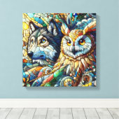 Mozaïek Tegels Wolf en Uil Canvas Afdruk (Insitu (Houten vloer))
