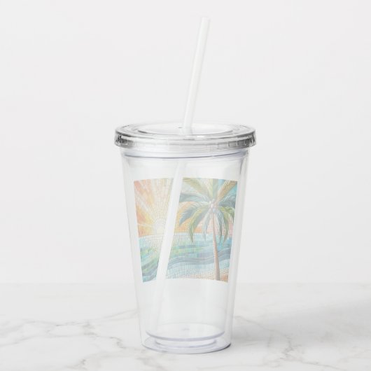Mozaïek Tropisch strand Sunset Palm Tree Acryl Drinkbeker (Achterkant)