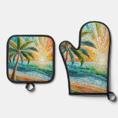 Mozaïek Tropisch strand Sunset Palm Tree Ovenwant & Pannenlap Set (Voorkant)