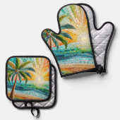 Mozaïek Tropisch strand Sunset Palm Tree Ovenwant & Pannenlap Set (Voorkant / Achterkant)