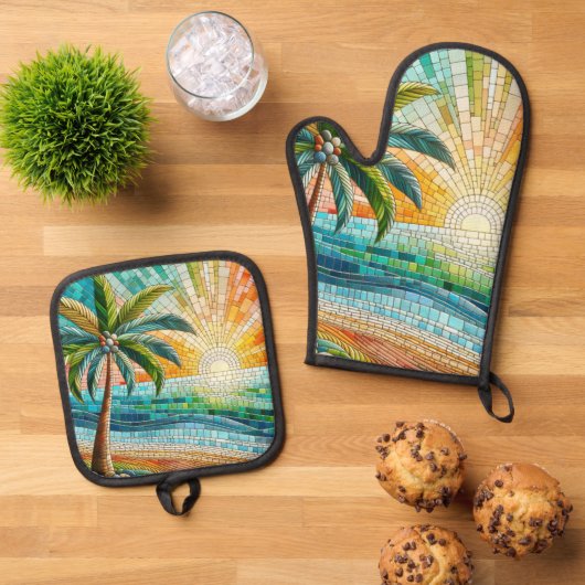 Mozaïek Tropisch strand Sunset Palm Tree Ovenwant & Pannenlap Set (Top down)