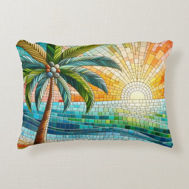 Mozaïek Tropisch Strand Zonsondergang Palmboom Accent Kussen (Voorkant)