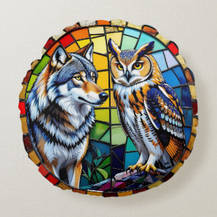 Mozaïek Wolf en Uil Levendig en Kleurrijk Wilde Di Rond Kussen