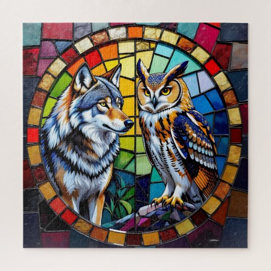 Mozaïek Wolf en Uil Levendig Kunst Legpuzzel (Verticaal)