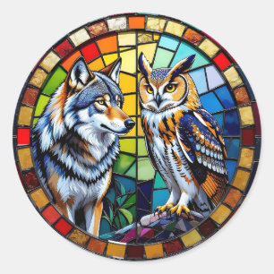 Mozaïek Wolf en Uil Levendig Kunst Ronde Sticker
