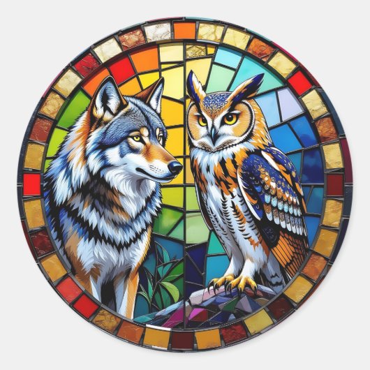 Mozaïek Wolf en Uil Levendig Kunst Ronde Sticker (Voorkant)