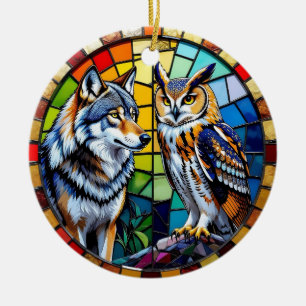 Mozaïek Wolf en Uil  Persoonlijke Kerstmis Keramisch Ornament