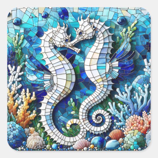 Mozaïek Zeepaardjes Romantisch Beachy Vierkante Sticker (Voorkant)