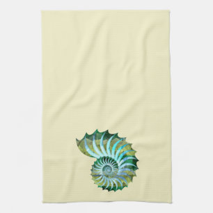 Mozaïekblauw en groene Nautilus Shell op geel Theedoek