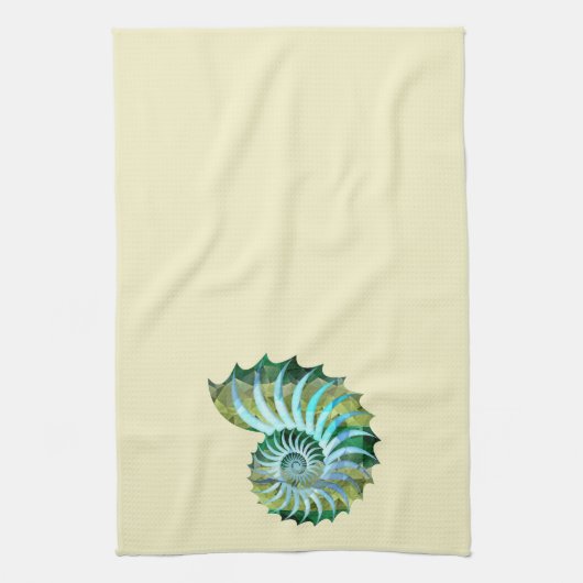 Mozaïekblauw en groene Nautilus Shell op geel Theedoek (Verticaal)
