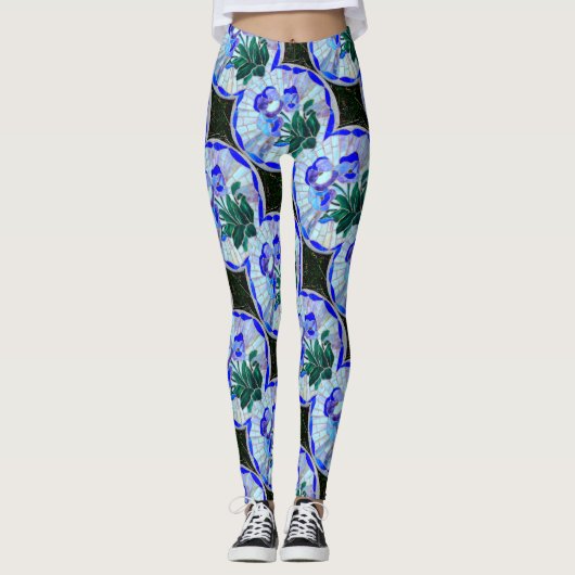 mozaïekcirkels blauwe bloem leggings (Voorkant)