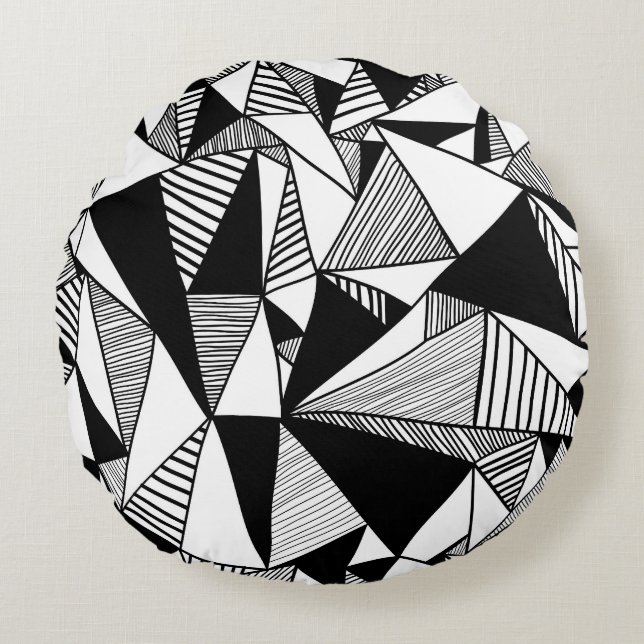 Mozaïekdriehoeken, zwart-witte textuur. rond kussen (Voorkant)