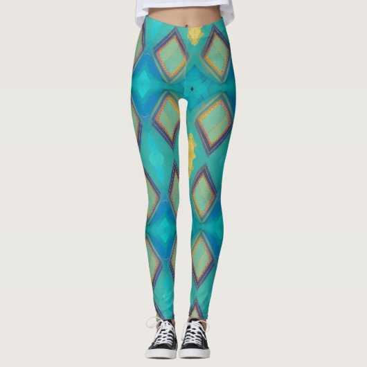 Mozaïekgeometrisch decor turquoise blue kat leggings (Voorkant)