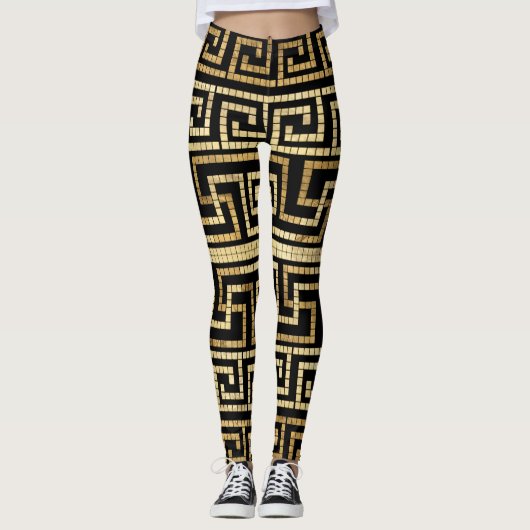 MozaïekGrieks Meander Grieks Zeer zwart en Goud Leggings (Voorkant)