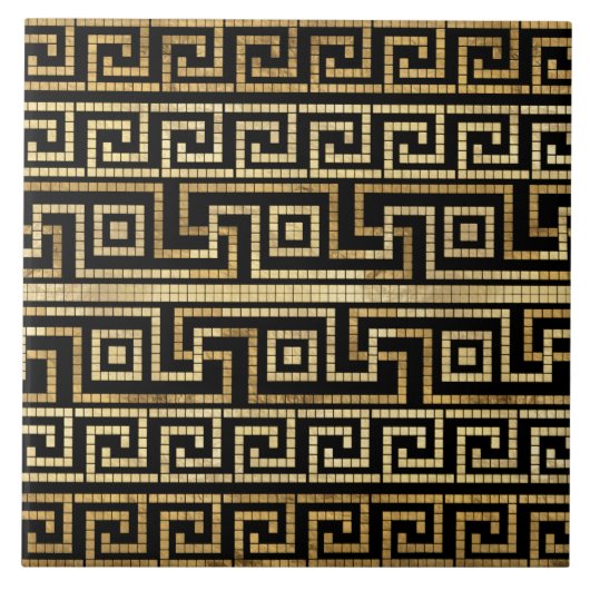 MozaïekGrieks Meander Grieks Zeer zwart en Goud Tegeltje (Voorkant)