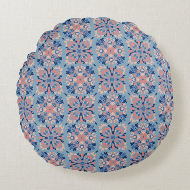 Mozaïekpatroon Stofblauw Rond Kussen (Voorkant)