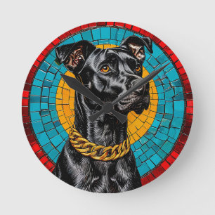 Mozaïekportret van een zwarte hond ronde klok