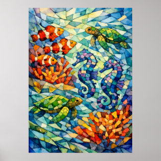 Mozaïekrif Waterverf Kunst Zeedieren Poster