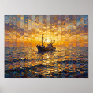 Mozaïekschilderij van vissersboot bij zonsondergan poster