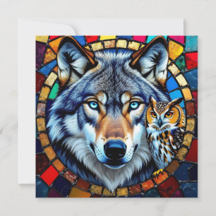 Mozaïekstijl Uil en Wolf   Blanco Feestdagenkaart