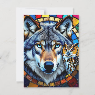 Mozaïekstijl Uil en Wolf Contact houden Briefkaart