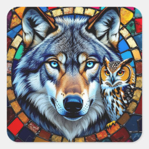 Mozaïekstijl Uil en Wolf Wilde Dieren Levendig Vierkante Sticker