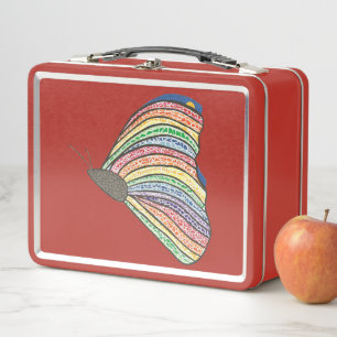Mozaïekvlinder op metalen lunchboxen in regenboogk