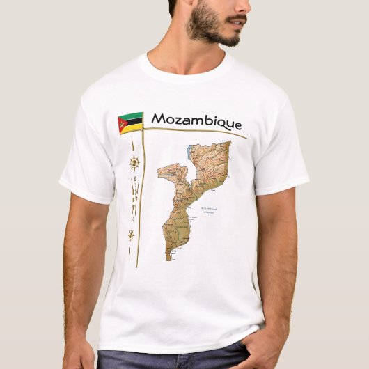 Mozambique Kaart + Vlag + Titel T-Shirt (Voorkant)