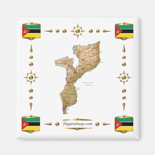 Mozambique Kaart + Vlaggen Magnet (Voorkant)