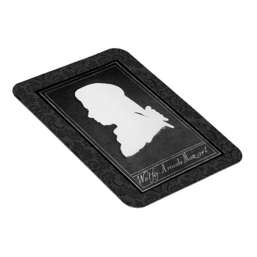 Mozart profiel papier knipsel wit op zwart magneet (Rechterzijde)