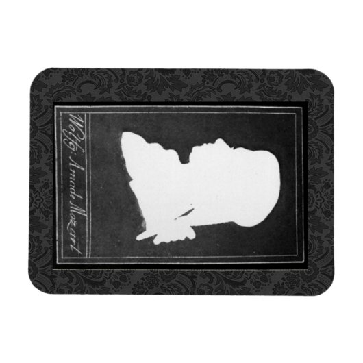 Mozart profiel papier knipsel wit op zwart magneet (Horizontaal)