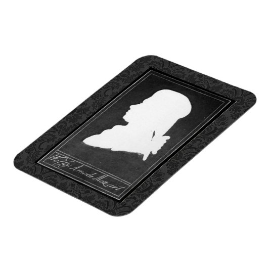 Mozart profiel papier knipsel wit op zwart magneet (Linkerzijde)